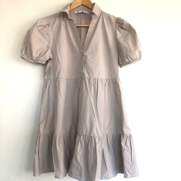Zara short sleeve collared baby doll dress cotton Beige Small Lightweight Loose - Picture 4 of 10